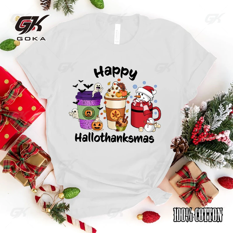 Women'S Fashion Funny Happy Halloween Thanksgiving Christmas Coffee Letter Print T Shirt Summer Unisex Loose Casual tops