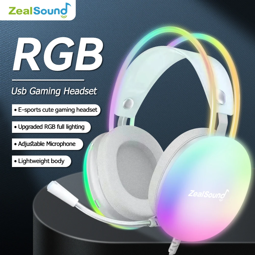 Zealsound S600 RGB Gaming Headset For PC Laptop PS4 PS5 Wired Headphones With Mic Bass Surround Over Ear USB Full Light Earphone