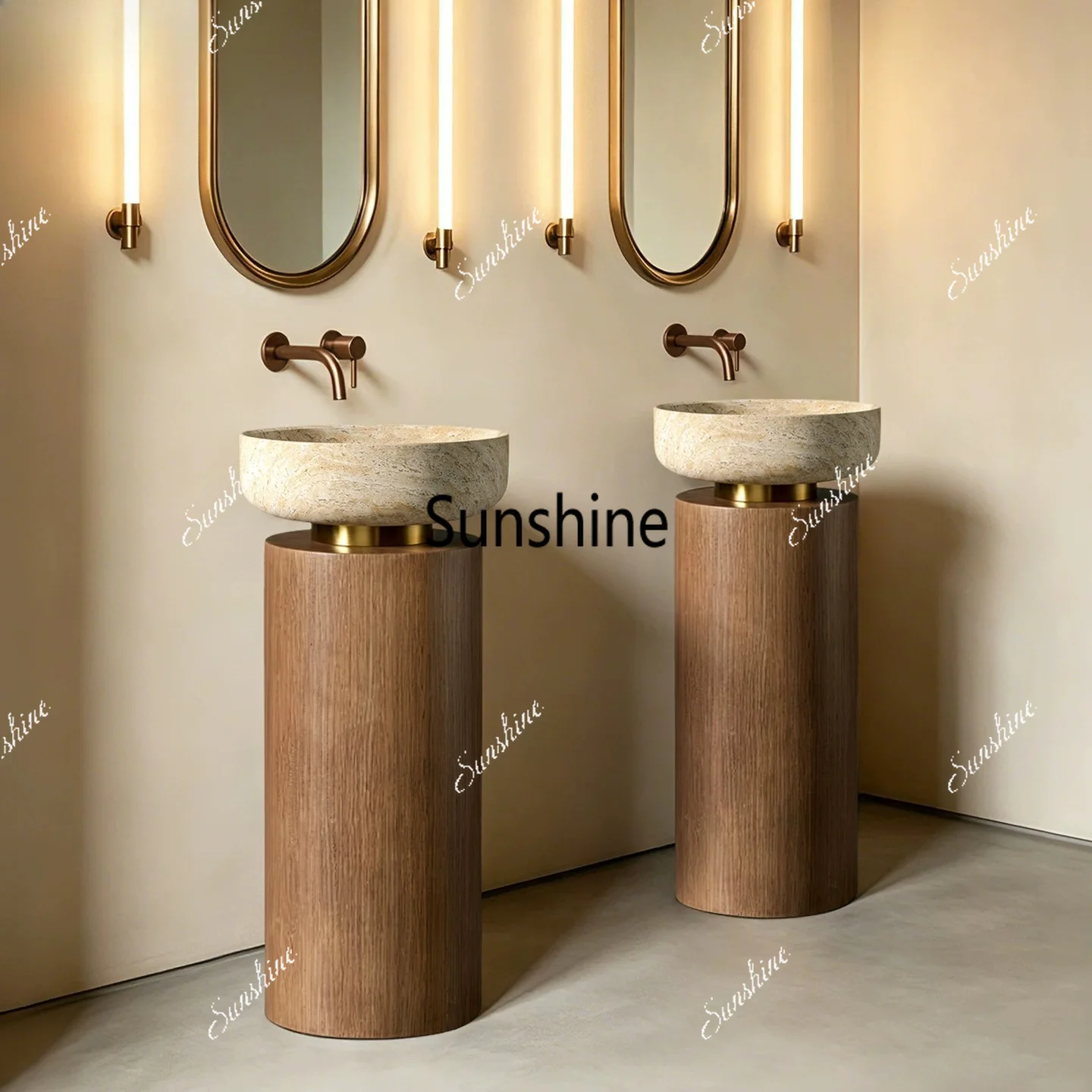 Wabi sandy wind wash basin integrated floor-to-ceiling travertine pillar basin