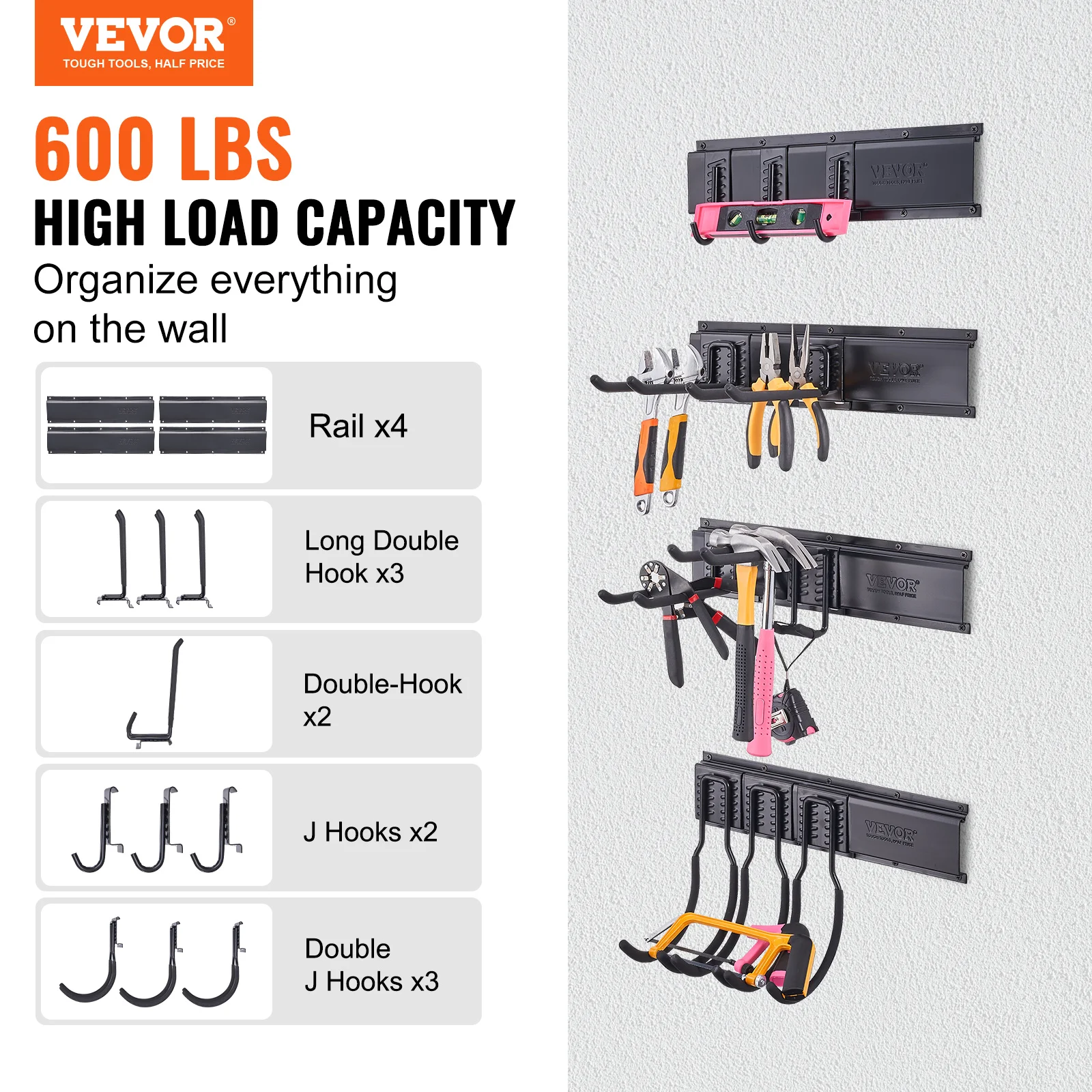 VEVOR 600 lbs Tool Storage Rack Wall Mount Holder with 10 Hooks 4 Rails Garage Storage Yard Garden Tools Organizer for Warehouse