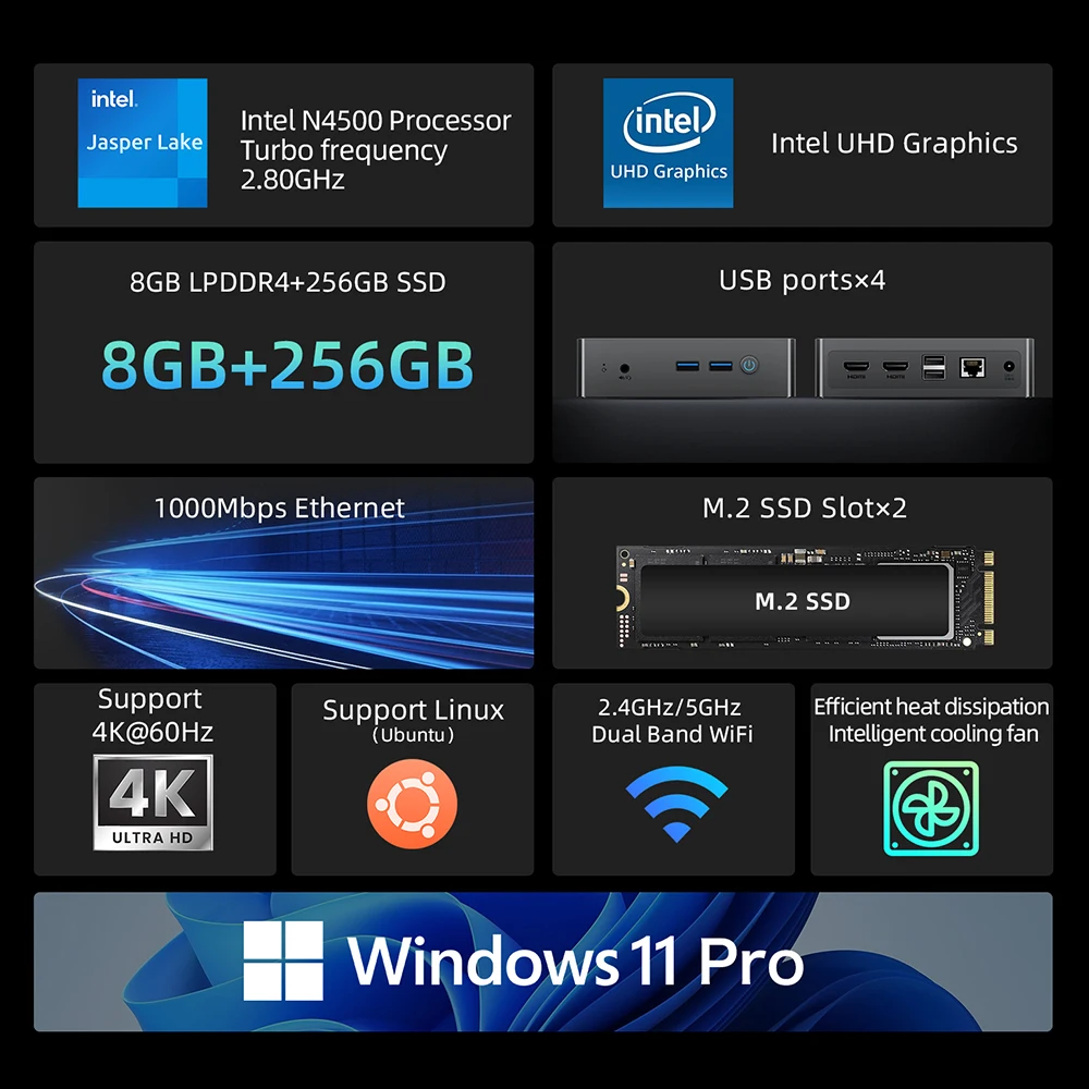 Immagine 6: BMAX B3 Pro PC con Windows 11, Intel N4500, 8GB RAM, 256GB SSD, HDMI, USB, Wi-Fi Dual Band, Supporta 4K a 60Hz, Grafica Intel HD, Mini PC