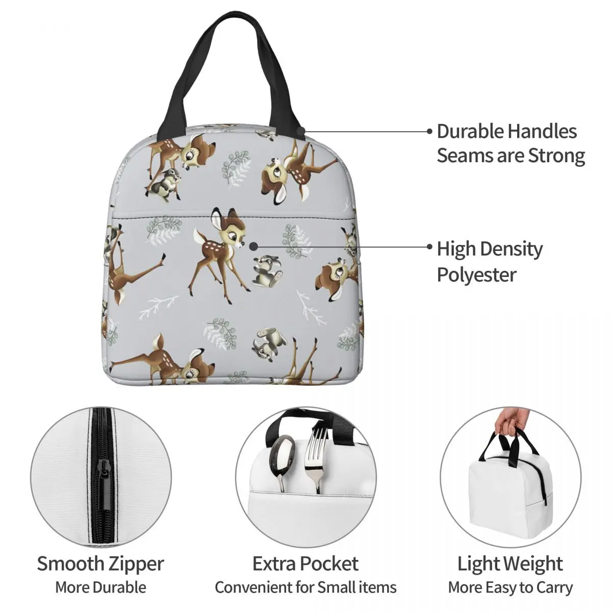 Bambi Rabbit Pattern Insulated Lunch Bags High Capacity Reusable Thermal Bag Lunch Box Tote College Outdoor Food Bag