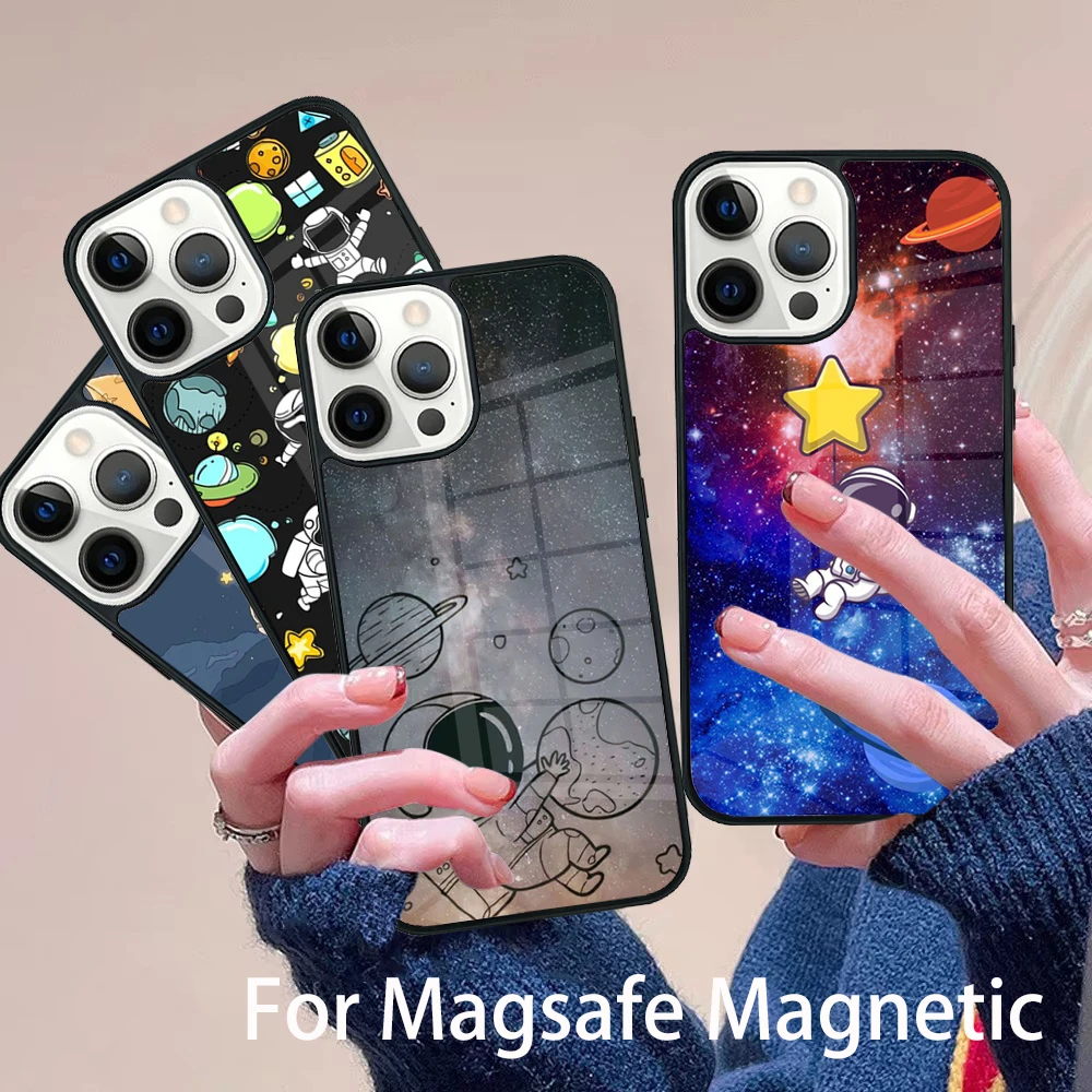 

Cute galaxy Astronaut Phone Case Magesafe Magnetic Wireless Charge Cover For IPhone 16 11 12 13 14 15 Pro Max Plus Mini