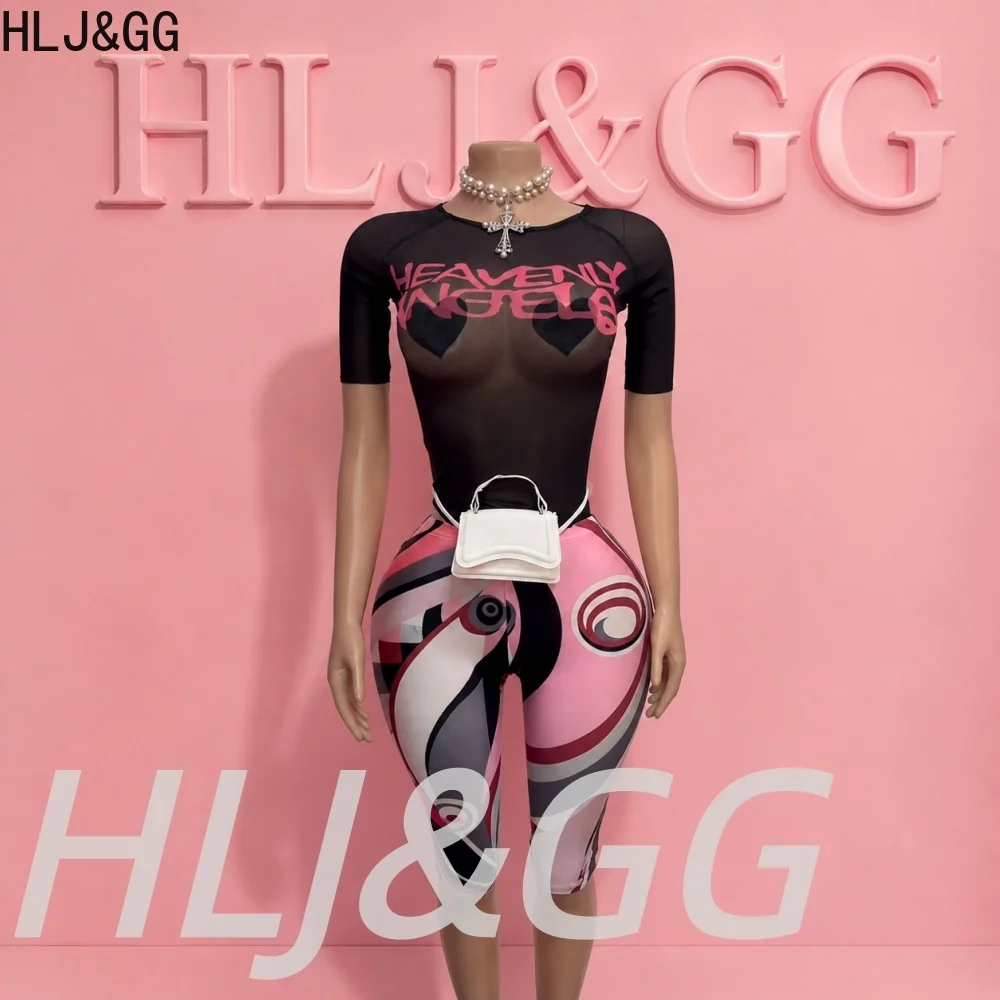 HLJ&GG Y2K Fashion Mesh See Though Letter Tshirts Two Piece Sets Women Round Neck Slim Crop Top And Shorts Outfits Streetwear view 3