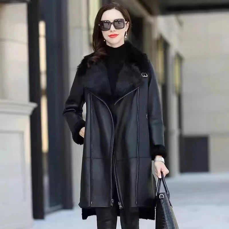 Autumn Winter Black Leather Jacket Women Large Size S-6XL Fashion High End Fur PU Faux Leather Overcoat Warm Long Fur Coats