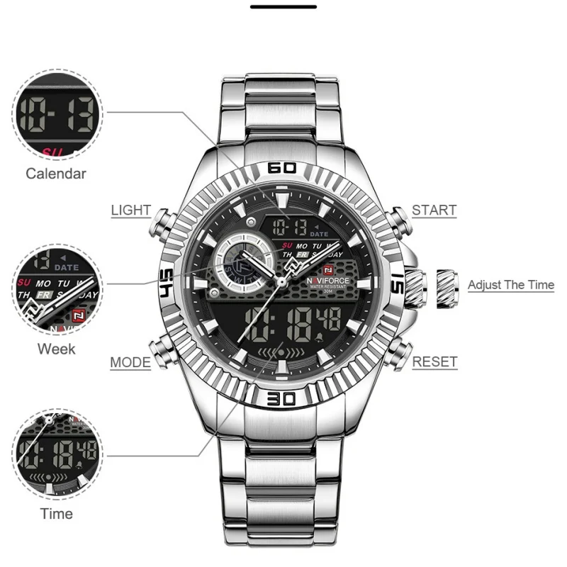 NAVIFORCE 2026 Men's Dual Display High Quality Quartz Watch 30M Waterproof Chronograph Alarm Luminous Trendy Wristwatch for Male