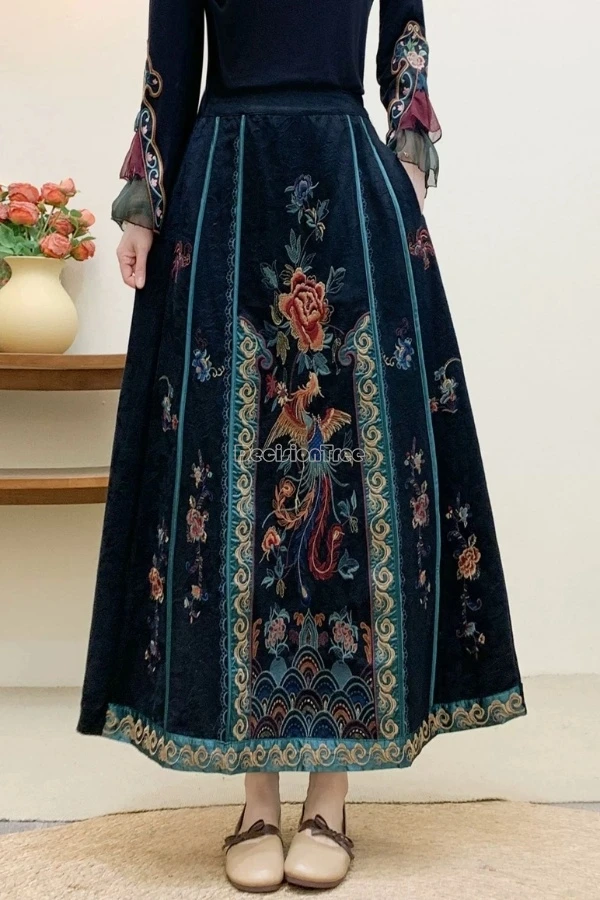 

2025 chinese improved ethnic-style embroidered flower hanfu tang suit skirt women retro loose linen cotton jacquard half skirt