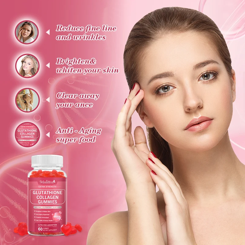 Mulittea Hydrolyzed Collagen Glutathione gummies with Brightening Skin Whitening Anti-Aging Antioxidant Imrpove Immune