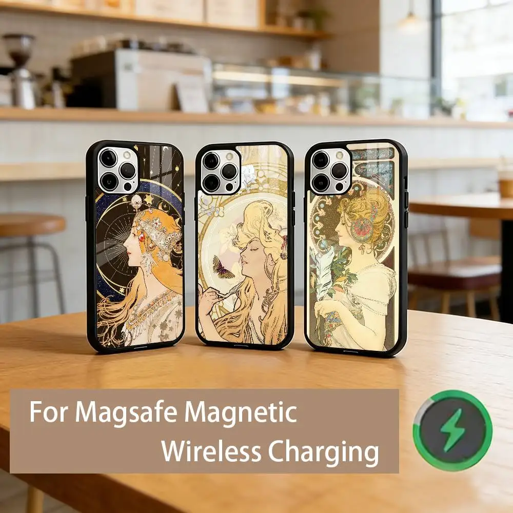 

M-Mucha Aesthetic Phone Case For iPhone17,16,15,14,13,12,11 Plus,Pro Magnetic For Magsafe Wireless Charging