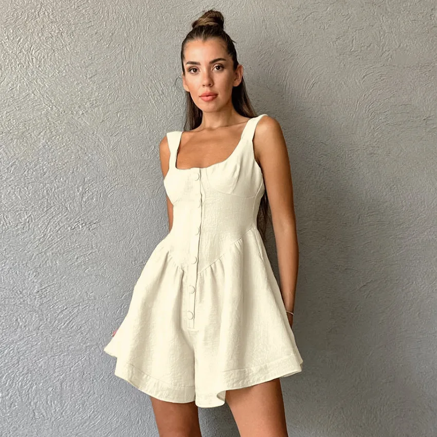 Women Clothes Solid Color Simple Temperament Strap Rompers 2024 Summer New Girls Fashion Design Sense Loose All Match Rompers