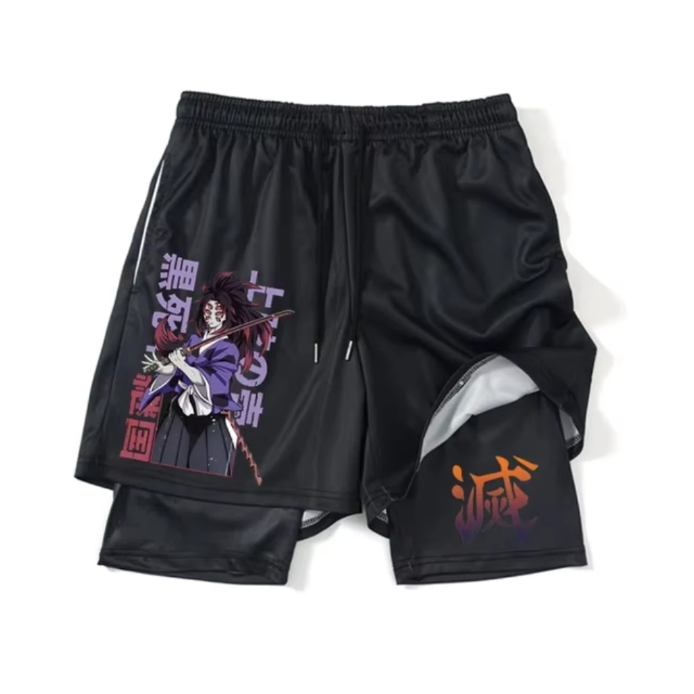 

2025 Мужские любимые шорты для фитнеса, шорты 2-в-1, 1 черный узор убийцы дьявола, спортивные шорты с принтом аниме для мужчин и женщин
