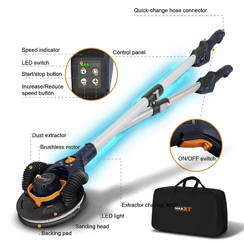 MAXXT 400W Drywall Sander Machine Brushless Motor Led Light 180° Flex Head Portable Wall Putty Polishing Grinding Wall Cleaner