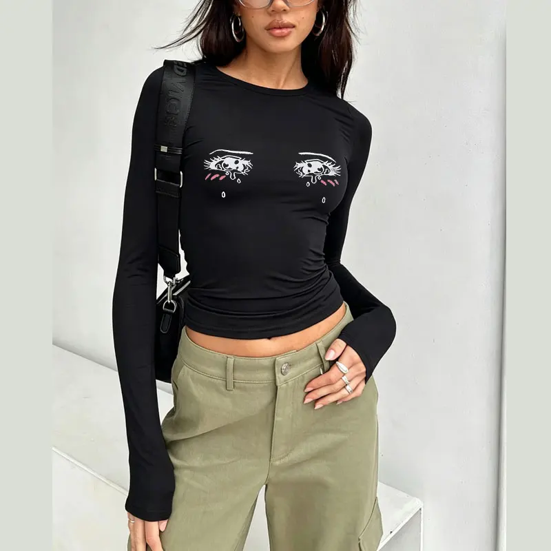 Anime-Inspired Crying Eye Print Spring Autumn Women T-Shirt Causal Long Sleeve Crop Tops O Neck Pullovers Tees Slim Fit T Shirt