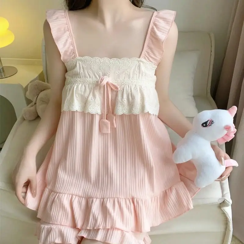 Pajama Sets Women Ins Kawaii Ruffles Sleeveless Sweet Girls Sleepwear Korean Style Princess Vintage Stylish Pajamas Cozy Soft