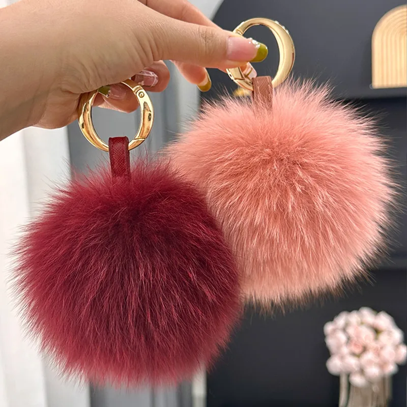 Keychain With Pompoms 15cm Fluffy Real Fox Fur Ball 13cm Fox Pom Backpack Handbag Car Leather Strap Keychain Key Chain