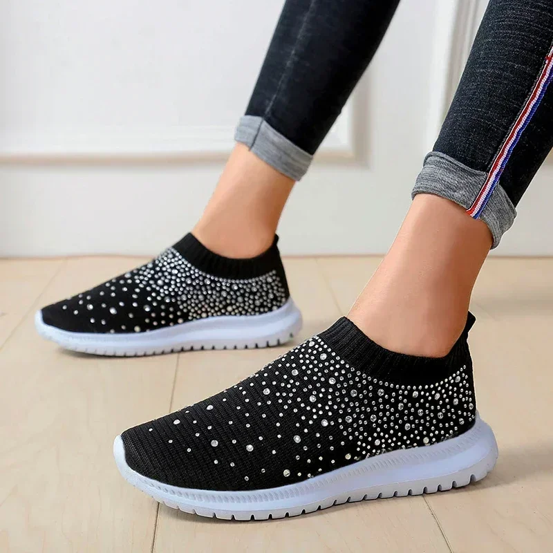 Zapatos de malla para caminar para mujer, zapatillas de deporte con diamantes de imitación y purpurina, calcetín de baile latino, Jazz, tenis, calzado de punto para correr