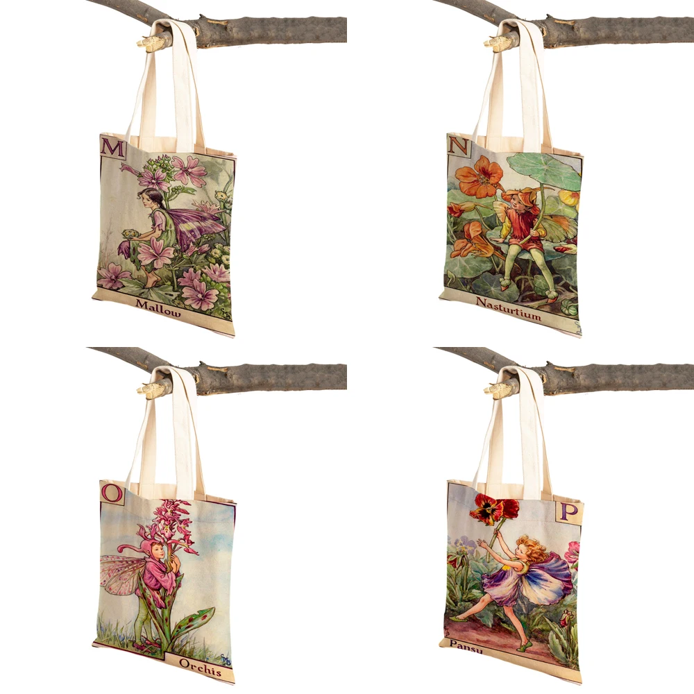 Vintage Floral Cartoon Kid Tote Handbag for Girl Casual Canvas Women Shopping Shoulder Bag Flower Elf Fairy Tale Children