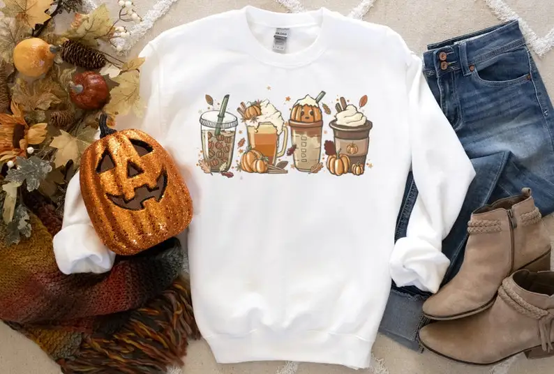 

Fall Coffee Shirt, Cute Fall Sweatshirt, Coffee Lover tee Shirt, Halloween PumpkinDrink Pumpkin Spice Thanksgiving cotton y2k