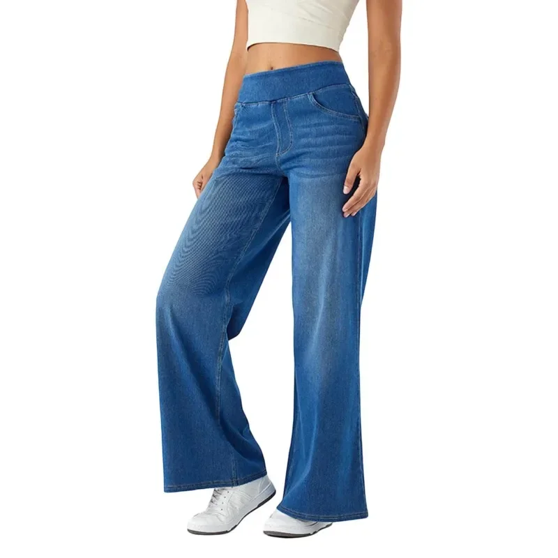 Pop mulheres baggy jeans streetwear cintura alta perna larga calças jeans retro cintura elástica azul solto calças femininas 2025