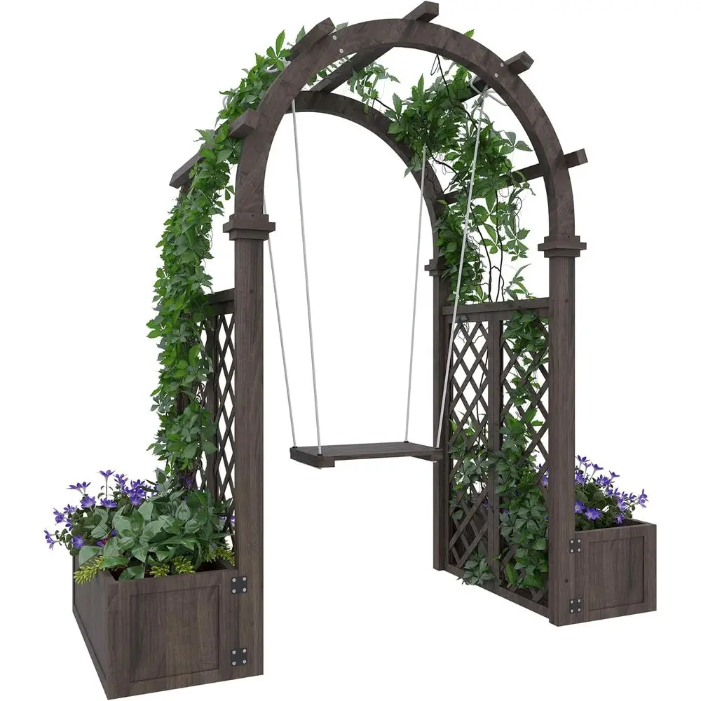 

Деревянная садовая беседка на открытом воздухе с кашпо, качелями и решеткой для вьющихся растений, идеально подходит для свадеб и вечеринок на заднем дворе