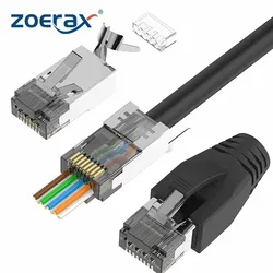 ZoeRax CAT6A CAT7 Connector, RJ45 Connectors Pass Through CAT6A CAT7 Shielded, 3-Prong with Strain Relief Boots Black