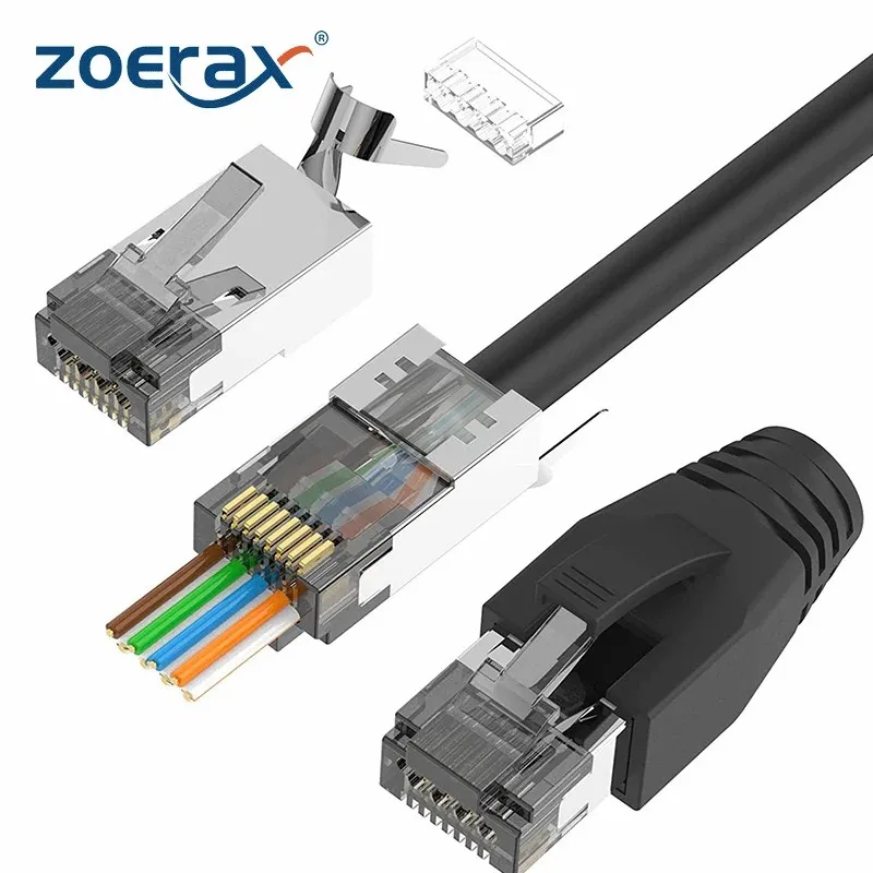 Złącze ZoeRax CAT6A CAT7, złącza RJ45 przechodzą przez ekranowane CAT6A CAT7, 3-bolcowe z osłonami odciążającymi, czarne