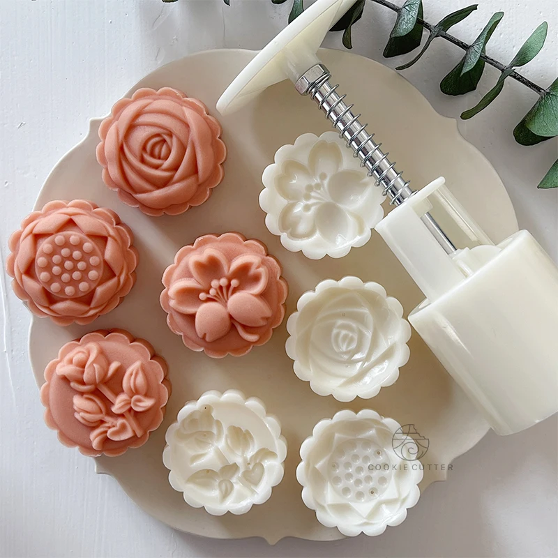 4Pcs/Set Flower Mooncake Mold Tulip Cherry Blossom Rose Lotus Pattern Stamps Fondant Plungers Pastry Tools Mid-Autumn Festival