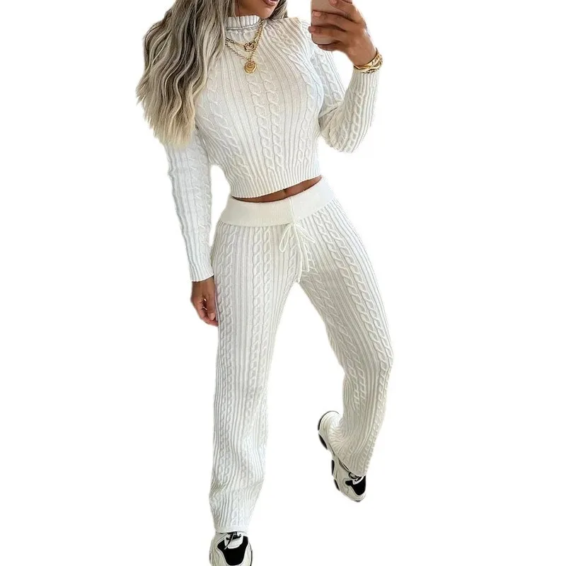 Pant Sets Knitting Sweaters Solid Pullovers Two Pieces Ankle Length Straight Pants Matching Sets Pockets Drawstring Casual