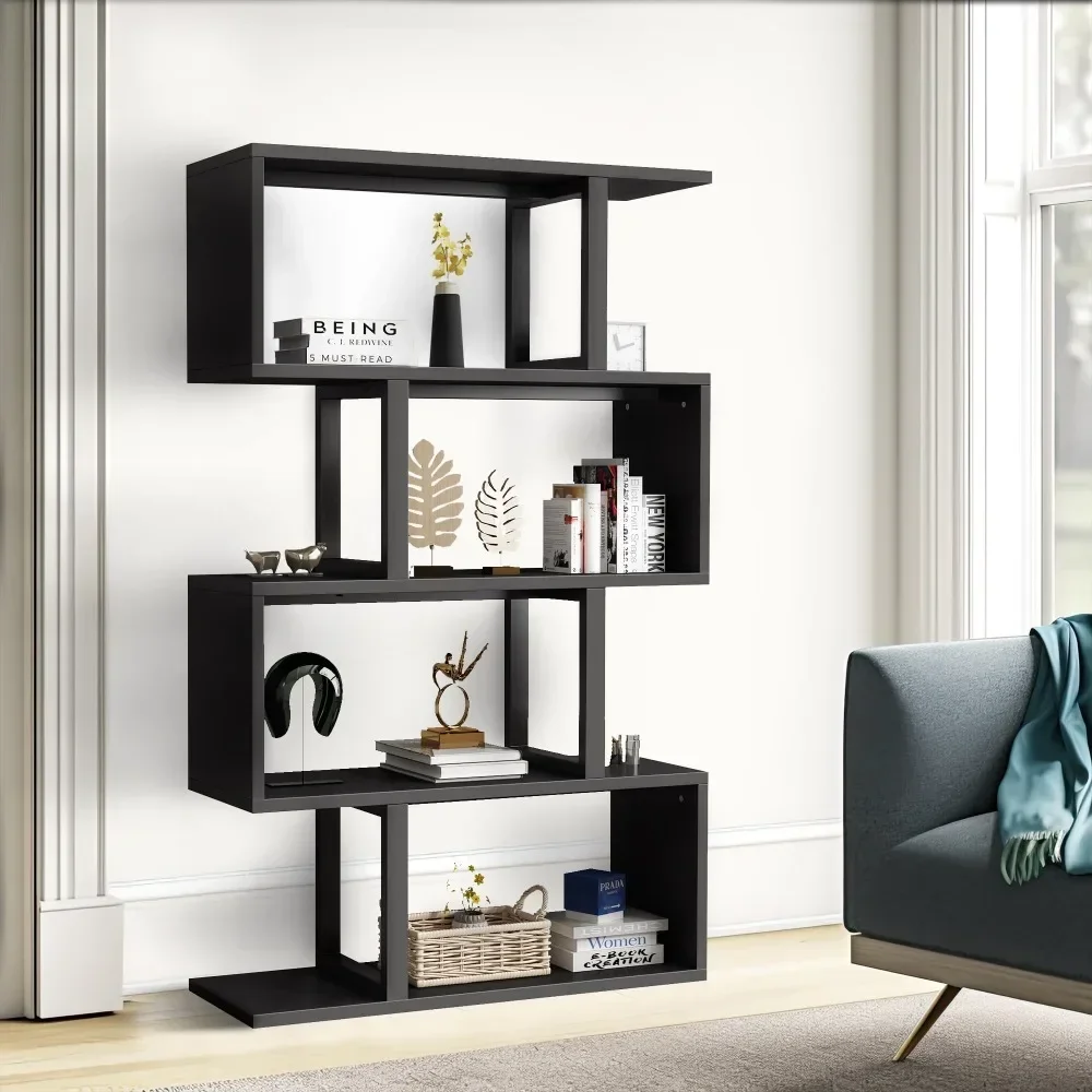 5-Tier S-Shaped Bookshelf, Geometric Bookcase Wooden Z-Shelf Storage Modern Open Shelving, Bookshelf for Living Room Home, Black