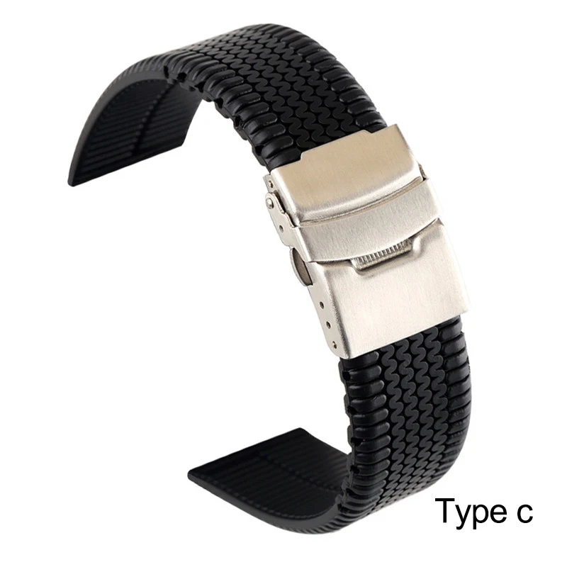 20mm 22mm 24mm Black Silicone Sport Strap Folding Buckle with safety Waterproof Rubber Men Replacement Band Watch Accessories