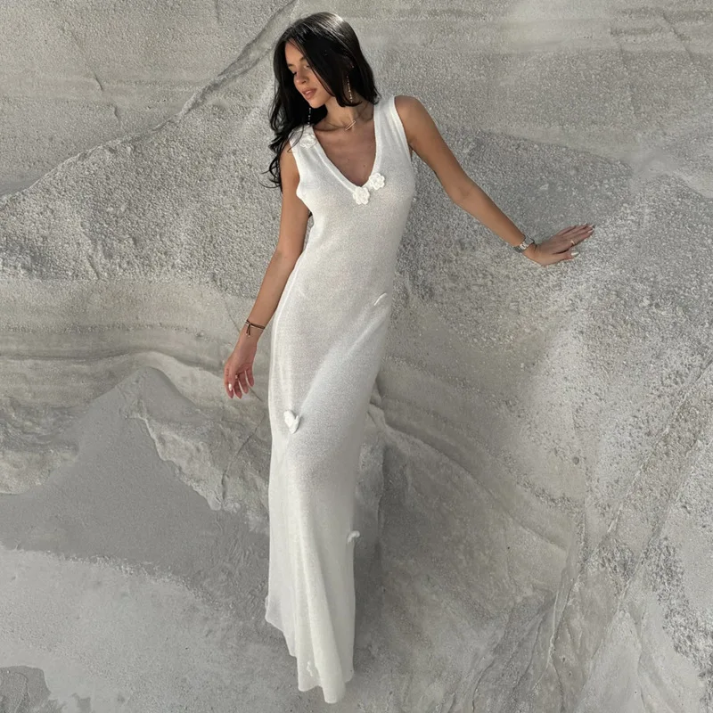 Elegant Knit Ribbed 3D Flower Long Dress Women Slim Lapel Flare Sleeve Pockets Female Dresses Female Lady Solid White Holiday Ro