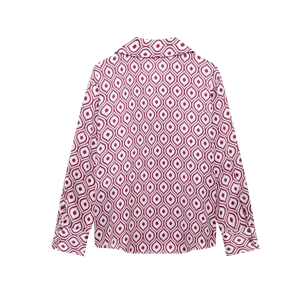 2025 RARA geometric print silk satin textured lapel long-sleeved loose lazy style shirt top spring new women's clothing