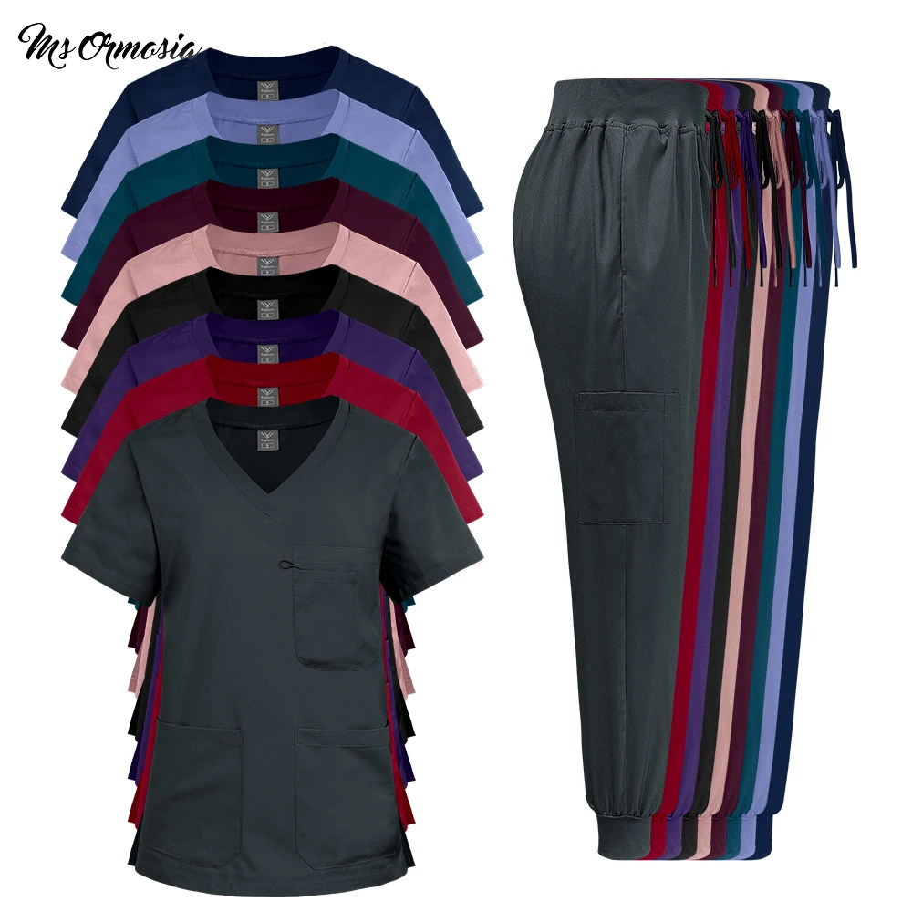 여성 남성 치과 임상 작업복 신축성 빠른 건조 포켓 스크럽 세트 의료 수술복 치과 의사 의류