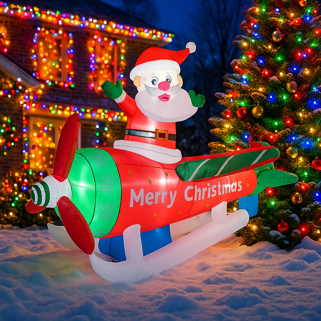 2.7M/8.8FT Inflatable Santa Claus Airplane Lights LED Home Decorations Toys Xmas Yard Supplies Outdoor Garden Holiday Decor