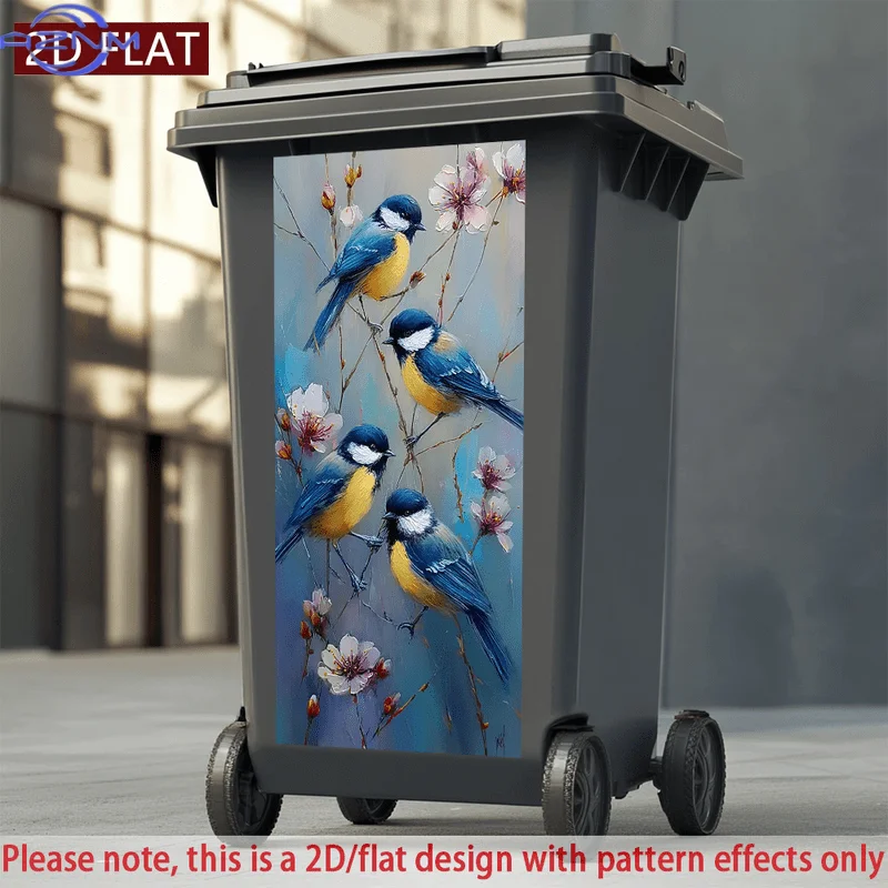 2D/FLAT-Blue Tit Birds Pink Flowers Pattern Trash Can Sticker Self - Adhesive PVC Decor Sticker Waterproof Scratch - Resistant