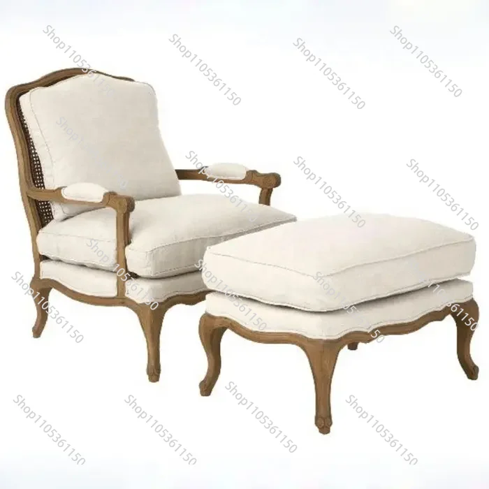 

French farmhouse antique wooden armchair lounge living room furniture with stool accent chair