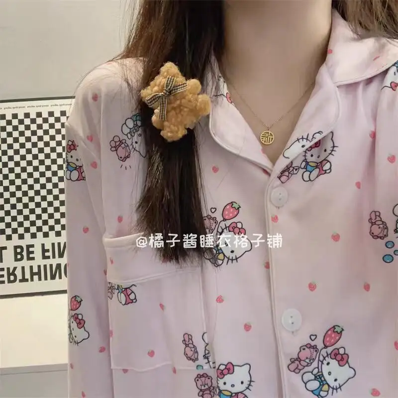 Set Piyama Sanrio Girl Microvilli Hello Kitty Kawaii Kartun Pelajar Kasual Musim Gugur Musim Dingin Leher Bulat Set Pakaian Santai Gaya Baru