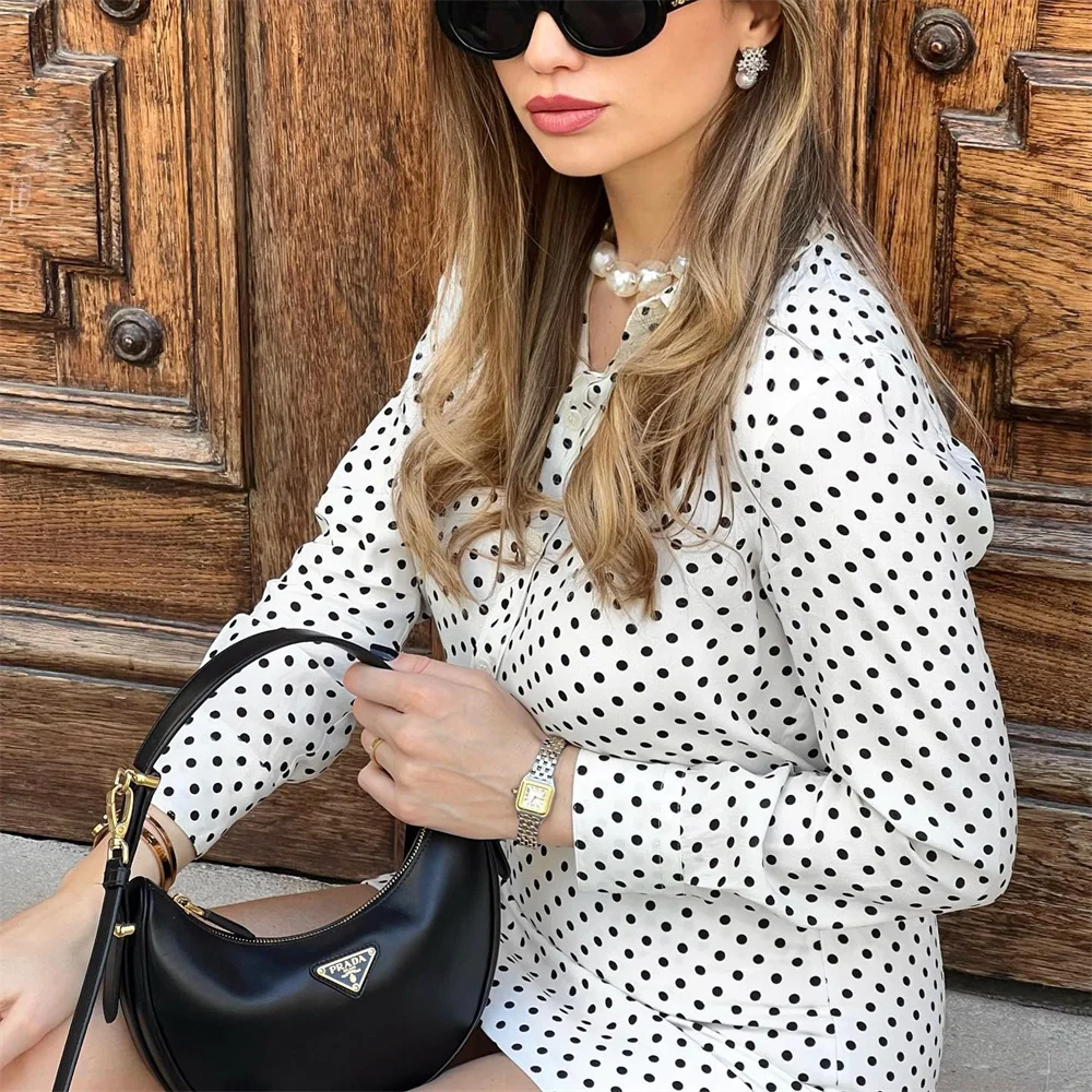 European and American Style 2024 Spring Women\'s New Casual and Fashionable Temperament Polka Dot Printed Shirt Mini Skirt Set