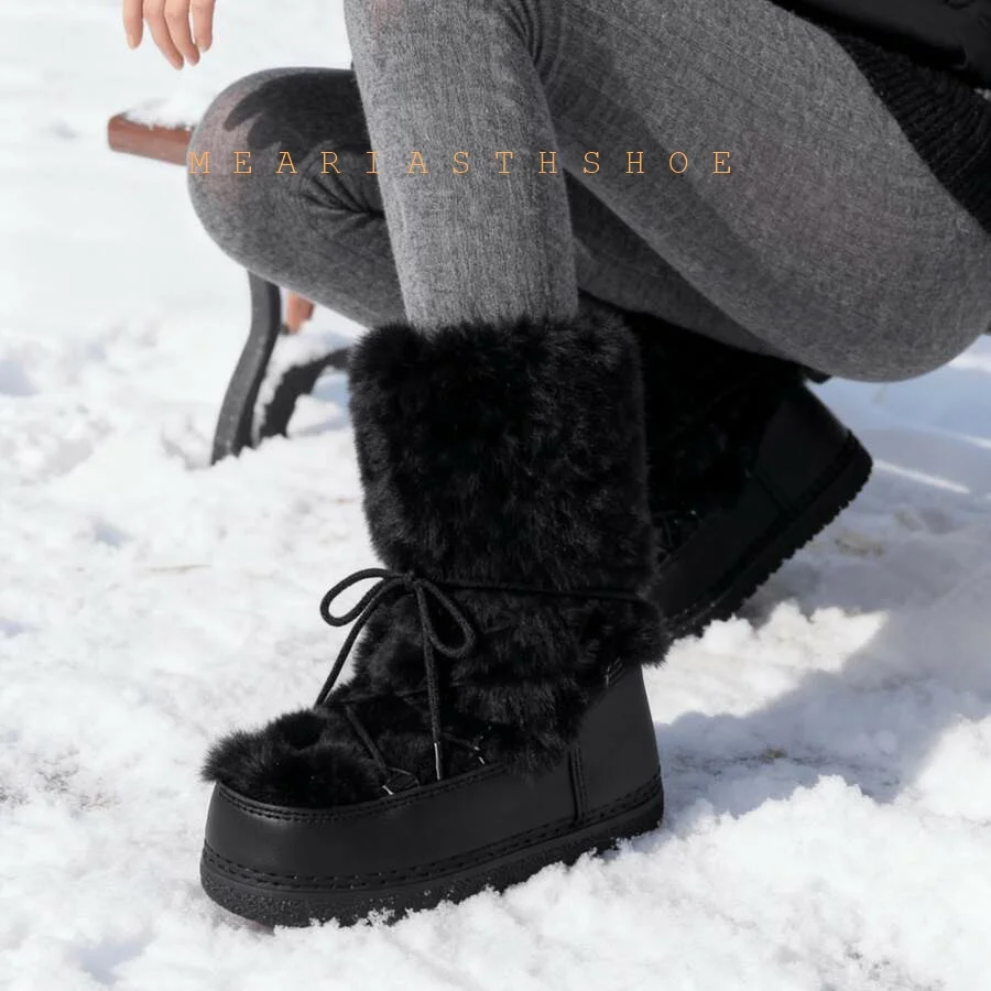 white Winter Snow Boots Fur Boots Women Fluffy Fuzzy rabbit hair Fur Boots Middle Calf Platform White Furry Boots size 35-40