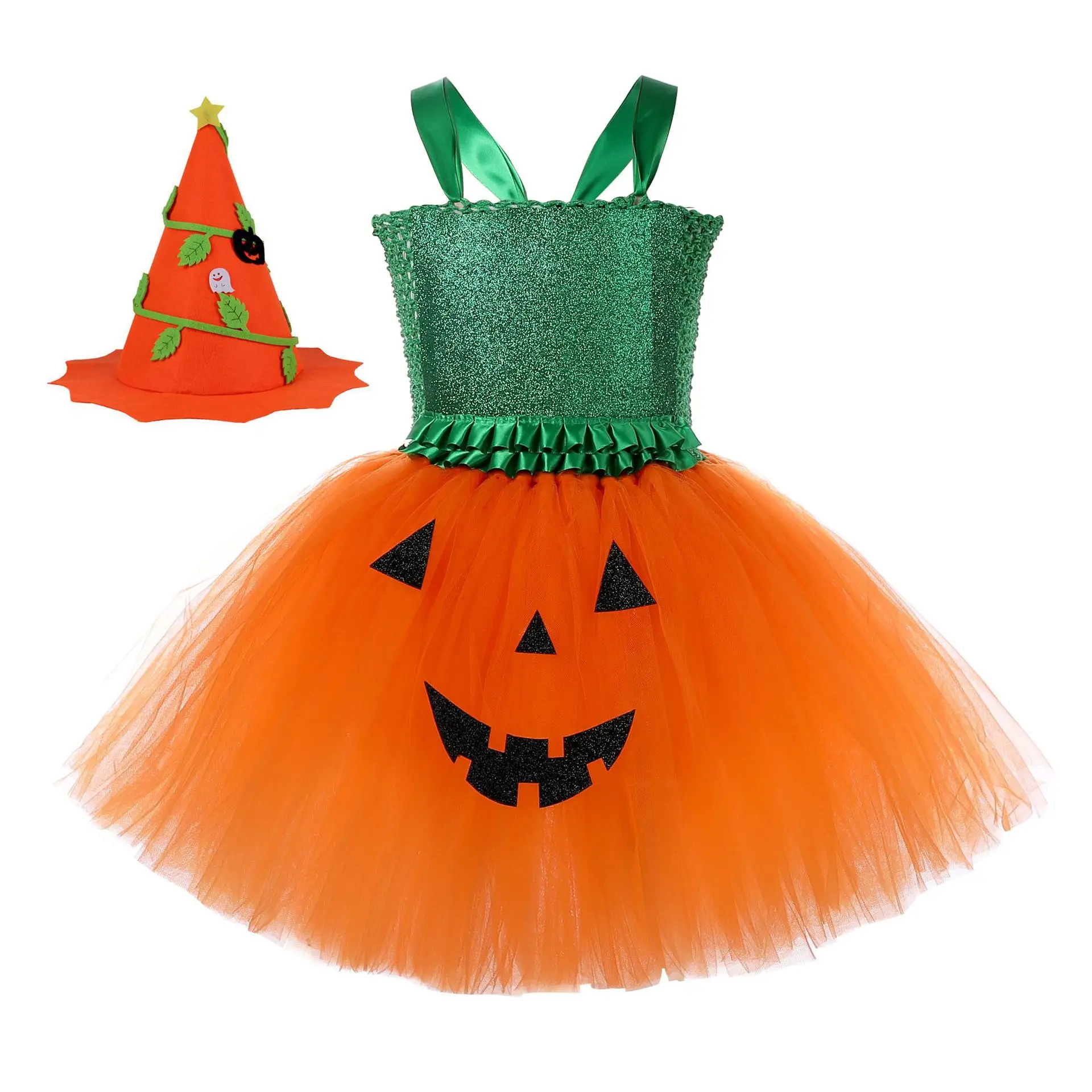 Kids Halloween Pumpkin Ghost Witch Style Sparkly Horror Princess Tutu Dress Children Halloween Carnival Stage Performance Outfit