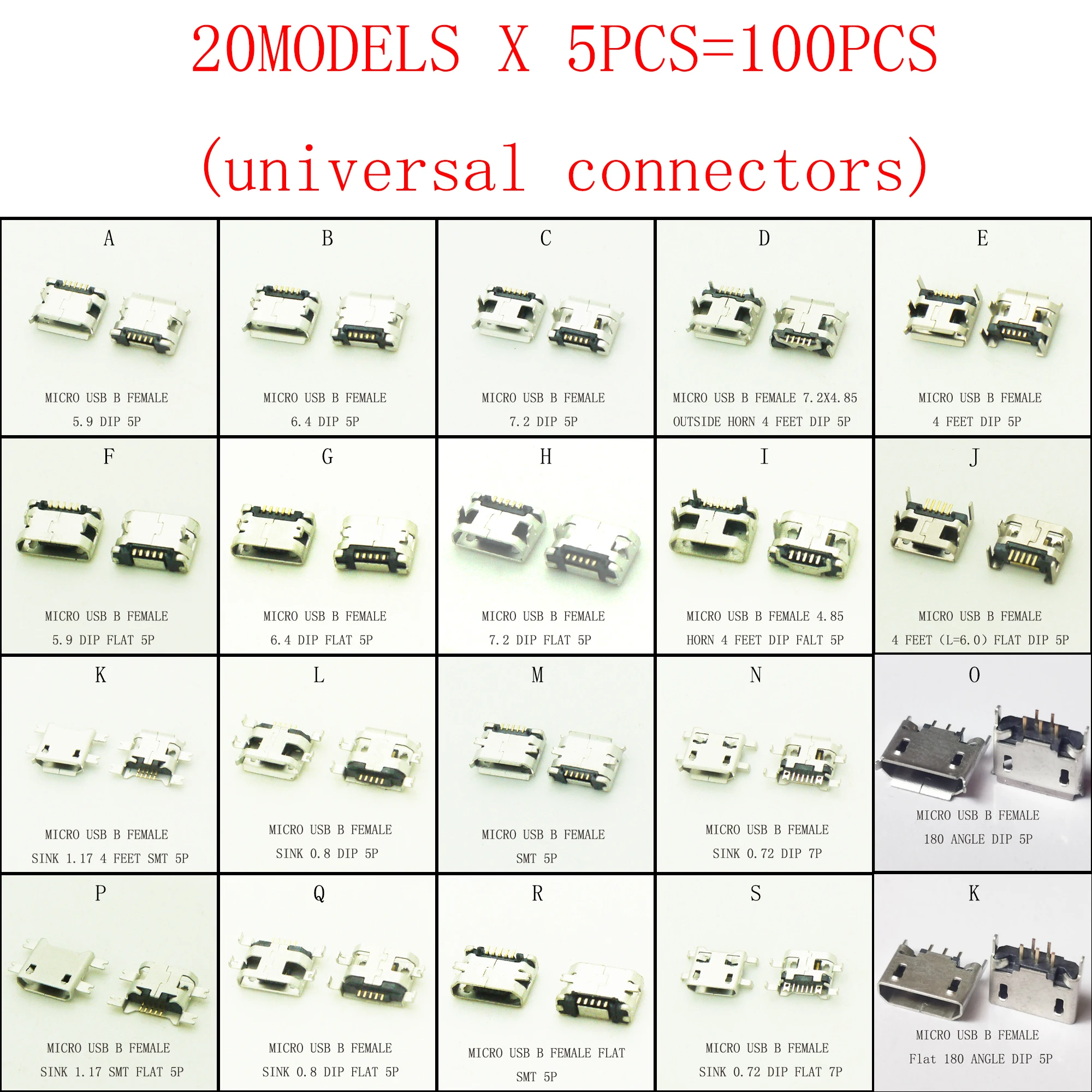 100PCS Mixing Micro USB 2.0 Connector USB 2.0 Jack Female For Phone Tabletels Speakers etc Charging Socket