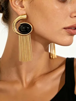 Spiral Snail Shape Black Simulated Gemstone with Metal Fringe Dangle Earrings