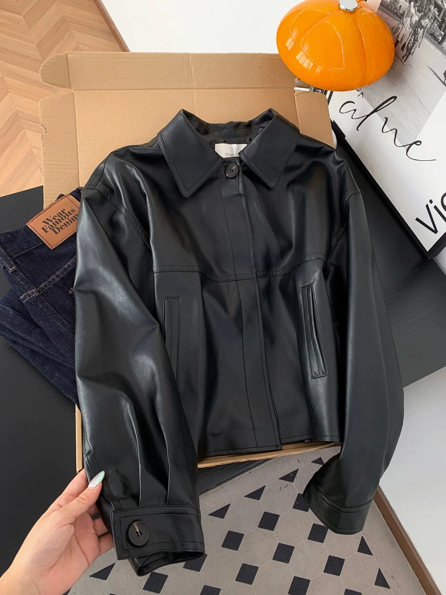 Women Faux Leather Coats Solid Jacket Turn Down Collar Long Sleeves Single Breasted Loose Moto Streetwear 2026 Autumn Winter