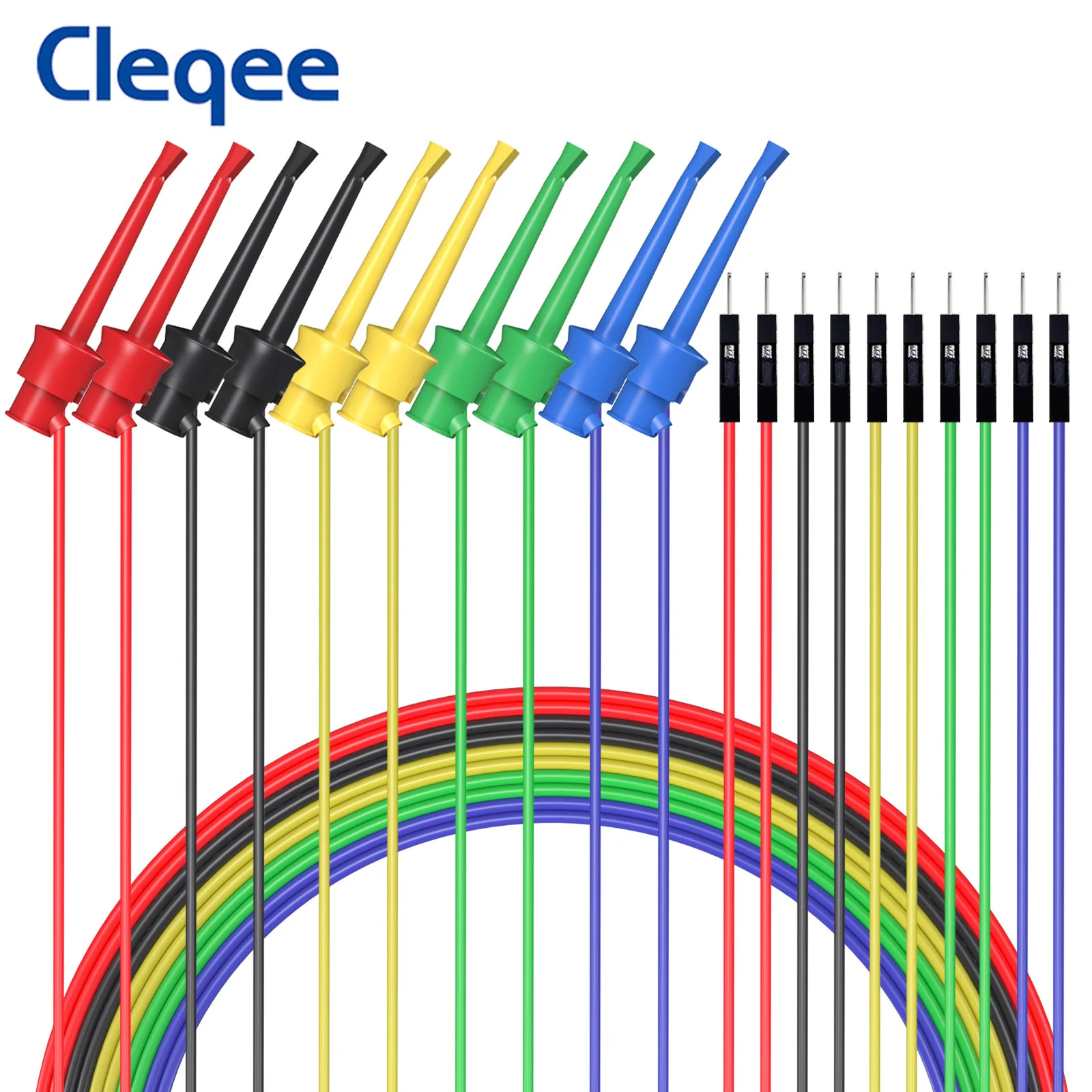 Cleqee 10PC Test Hook Clips to Dupont Male/Female Jumper Silicone Wires Mini Grabber For Electrical Testing P1534 P1535