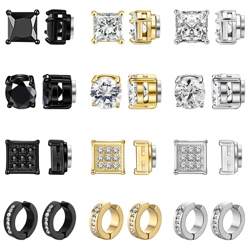 1 Pair Stainless Steel Magnetic Non Piercing Inlaid Cubic Zirconia Stud Earrings Clip on Hoop Earrings Set for Men Women