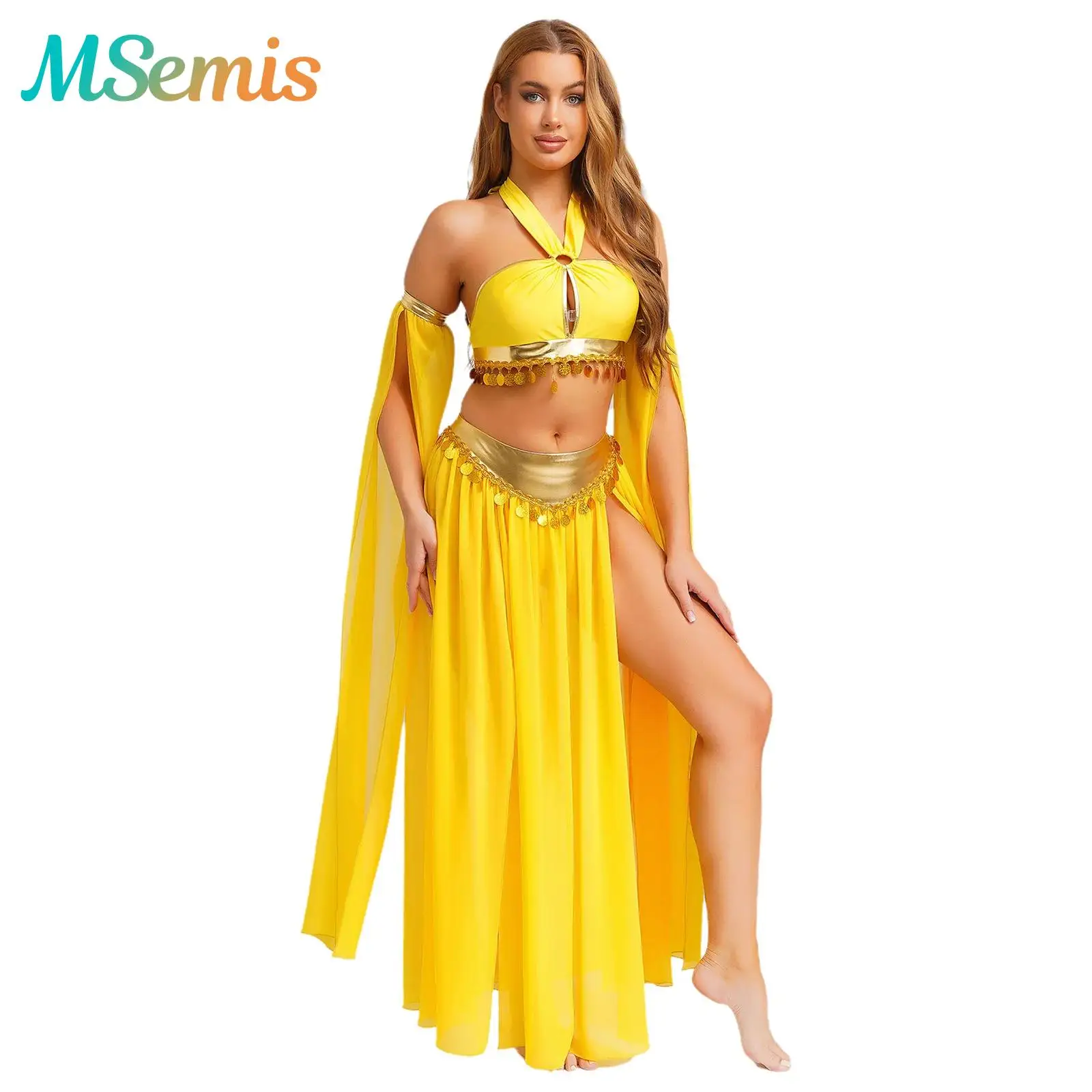Arabisches orientalisches indisches Zigeuner-Bauchtanzkostüm für Damen, Halloween-Outfits, bauchfreies Top mit Paillettensaum und seitlichem Schlitz-Chiffonrock