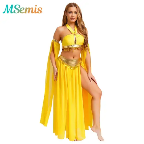 Traje de danza del vientre gitana india Oriental árabe para mujer, Top corto con dobladillo de lentejuelas frontal egipcio de Roma y falda de gasa con abertura lateral