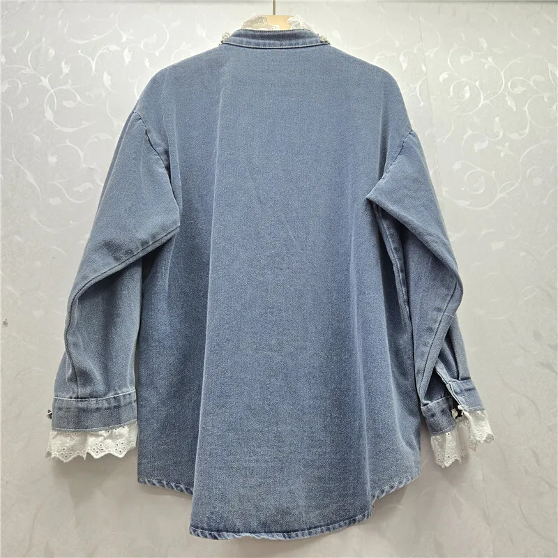 WTHT Mode Dames Gesplitst Kant Diamant Ontwerp Losse Shirts Trendy Lange Mouwen Opstaande Kraag Tops Vrouwelijke 2025 Zomer 1LS2132