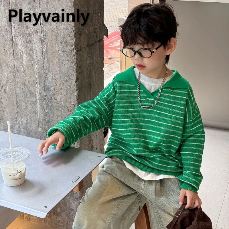 

Новинка 2024, весенне-осенняя детская одежда, модные толстовки-поло в корейском стиле для мальчиков, черный, зеленый, в полоску, вязаный пуловер, топы J5006