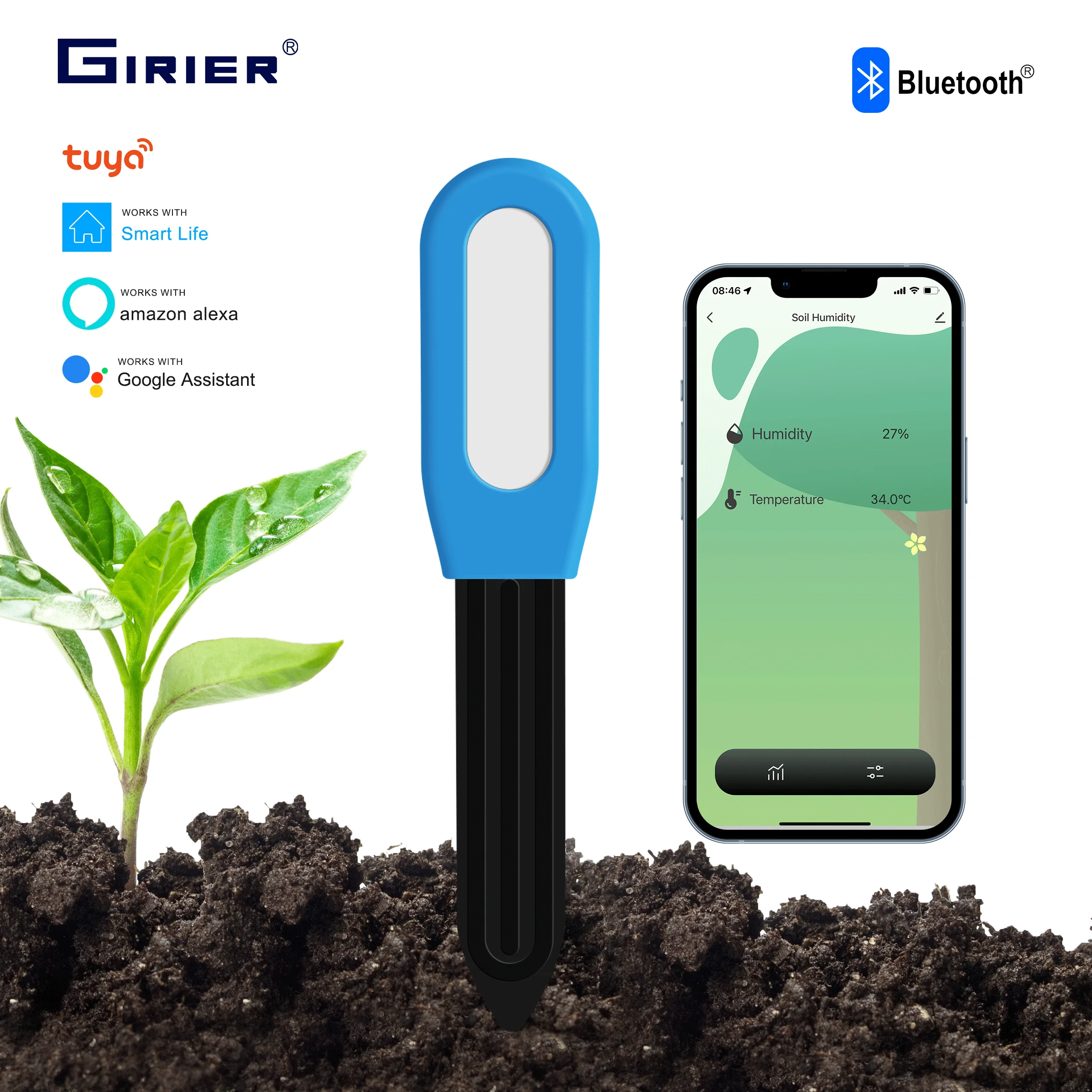 

GIRIER Smart Bluetooth Soil Moisture Meter Wireless Temperature Sensor for Garden Yard Greenhouse Hub Required Works with Alexa